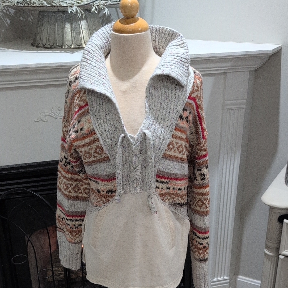 Anthropologie Daily Practice Knit Sweater withPatterned Sleeves With Pockets XXS
